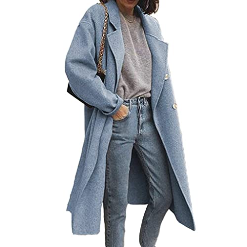 OOGUDE Damen Peacoat Trenchcoat Winter Wolle Kaschmir Mischung Wickelmantel Winddicht Knopfleiste Mäntel Zweireihig Slim Fit Jacken, blau, 52 von OOGUDE