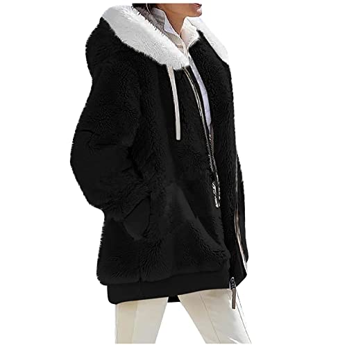 OOGUDE Damen Teddy-Fleece-Mantel, Reißverschluss, weich, flauschig, Kapuze, Winter, dick, warm, offene Vorderseite, Parka mit Tasche, Schwarz , 54 von OOGUDE