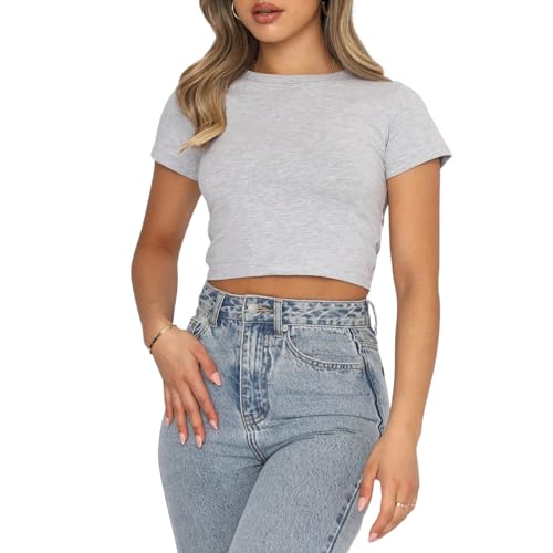 OOHOKAY Damen Basic T-Shirt Kurzarm Y2K Crop Tops Rundhals Slim Fit Oberteile Einfarbiges Klassischer Schnitt Sommer Tshirt(Hell Grau-M1,S) von OOHOKAY