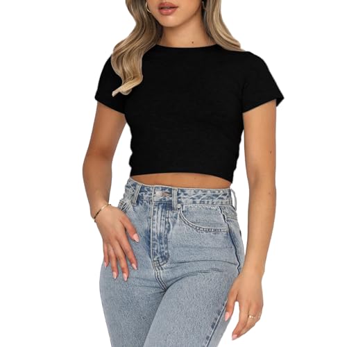 OOHOKAY Damen Basic T-Shirt Kurzarm Y2K Crop Tops Rundhals Slim Fit Oberteile Einfarbiges Klassischer Schnitt Sommer Tshirt(Schwarz-M1,XXL) von OOHOKAY