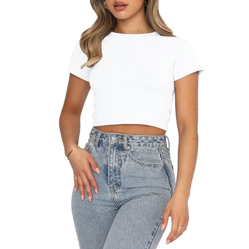 OOHOKAY Damen Basic T-Shirt Kurzarm Y2K Crop Tops Rundhals Slim Fit Oberteile Einfarbiges Klassischer Schnitt Sommer Tshirt(Weiß-M1,XXL) von OOHOKAY