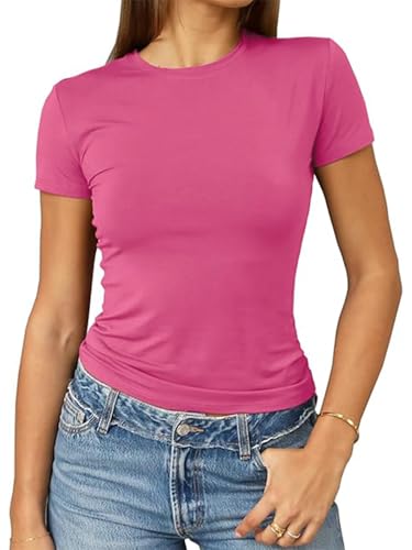 OOHOKAY Damen Basic T-Shirt Y2K Slim Fit Oberteile Elegant Stretch Unterziehshirt Einfarbiges Top(Neon Pink-F1,S) von OOHOKAY