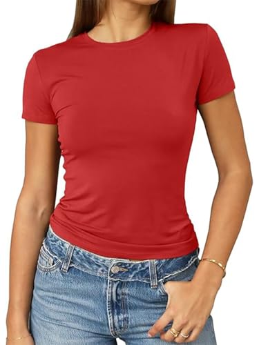 OOHOKAY Damen Basic T-Shirt Y2K Slim Fit Oberteile Elegant Stretch Unterziehshirt Einfarbiges Top(Rot-F1,XXL) von OOHOKAY