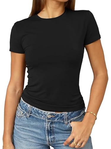 OOHOKAY Damen Basic T-Shirt Y2K Slim Fit Oberteile Elegant Stretch Unterziehshirt Einfarbiges Top(Schwarz-F1,XS) von OOHOKAY