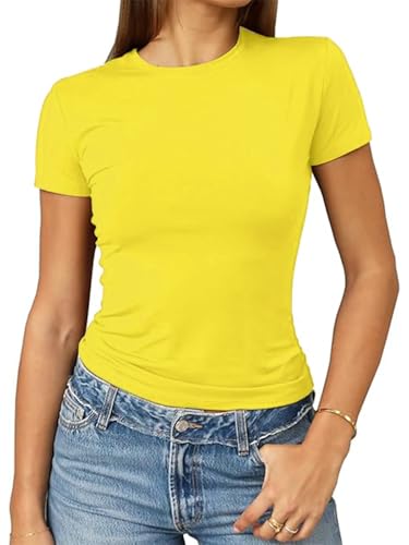 OOHOKAY Damen Basic T-Shirt Y2K Slim Fit Oberteile Elegant Stretch Unterziehshirt Einfarbiges Top(Zitronen Gelb-F1,S) von OOHOKAY