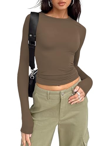 OOHOKAY Damen Langarmshirt Basic Oberteile Y2K Slim Fit Tshirt Elegant Stretch Unterziehshirt Pullover Langärm Crop Tops Streetwear(Braun-L1,XS) von OOHOKAY