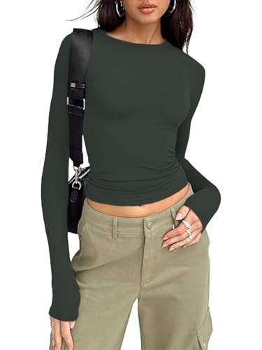 OOHOKAY Damen Langarmshirt Basic Oberteile Y2K Slim Fit Tshirt Elegant Stretch Unterziehshirt Pullover Langärm Crop Tops Streetwear(Dunkelgrau-L2,XS) von OOHOKAY