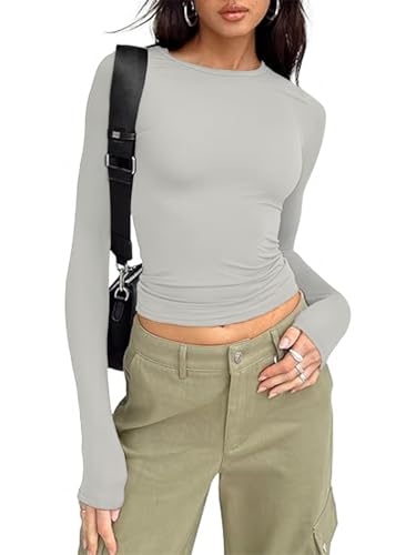 OOHOKAY Damen Langarmshirt Basic Oberteile Y2K Slim Fit Tshirt Elegant Stretch Unterziehshirt Pullover Langärm Crop Tops Streetwear(Hellgrau-L1,XS) von OOHOKAY