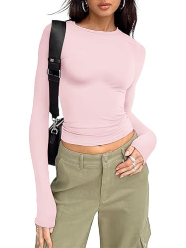 OOHOKAY Damen Langarmshirt Basic Oberteile Y2K Slim Fit Tshirt Elegant Stretch Unterziehshirt Pullover Langärm Crop Tops Streetwear(Hellpink-L1,S) von OOHOKAY