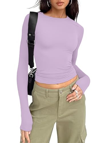 OOHOKAY Damen Langarmshirt Basic Oberteile Y2K Slim Fit Tshirt Elegant Stretch Unterziehshirt Pullover Langärm Crop Tops Streetwear(Hellviolett-L1,XS) von OOHOKAY