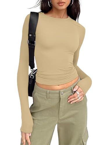 OOHOKAY Damen Langarmshirt Basic Oberteile Y2K Slim Fit Tshirt Elegant Stretch Unterziehshirt Pullover Langärm Crop Tops Streetwear(Khaki-L1,XS) von OOHOKAY