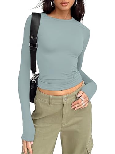 OOHOKAY Damen Langarmshirt Basic Oberteile Y2K Slim Fit Tshirt Elegant Stretch Unterziehshirt Pullover Langärm Crop Tops Streetwear(Nebliges Blau-L1,XL) von OOHOKAY