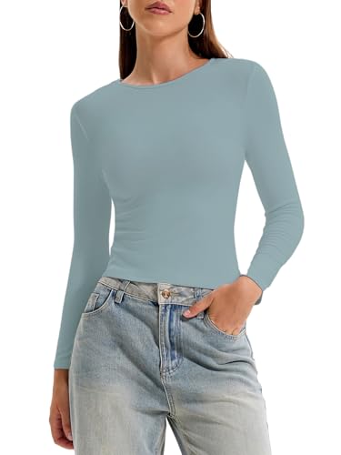 OOHOKAY Damen Langarmshirt Basic Oberteile Y2K Slim Fit Tshirt Elegant Stretch Unterziehshirt Pullover Langärm Crop Tops Streetwear(Nebliges Blau-L1,XXL) von OOHOKAY
