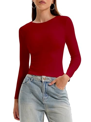 OOHOKAY Damen Langarmshirt Basic Oberteile Y2K Slim Fit Tshirt Elegant Stretch Unterziehshirt Pullover Langärm Crop Tops Streetwear(Rot-L1,L) von OOHOKAY