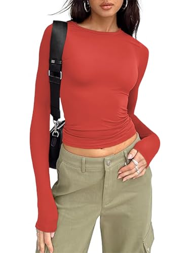OOHOKAY Damen Langarmshirt Basic Oberteile Y2K Slim Fit Tshirt Elegant Stretch Unterziehshirt Pullover Langärm Crop Tops Streetwear(Rot-L1,XS) von OOHOKAY