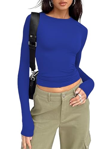 OOHOKAY Damen Langarmshirt Basic Oberteile Y2K Slim Fit Tshirt Elegant Stretch Unterziehshirt Pullover Langärm Crop Tops Streetwear(SaphirBlau-L1,M) von OOHOKAY