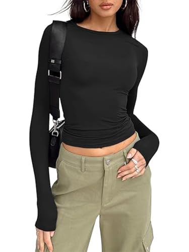 OOHOKAY Damen Langarmshirt Basic Oberteile Y2K Slim Fit Tshirt Elegant Stretch Unterziehshirt Pullover Langärm Crop Tops Streetwear(Schwarz-L1,XL) von OOHOKAY