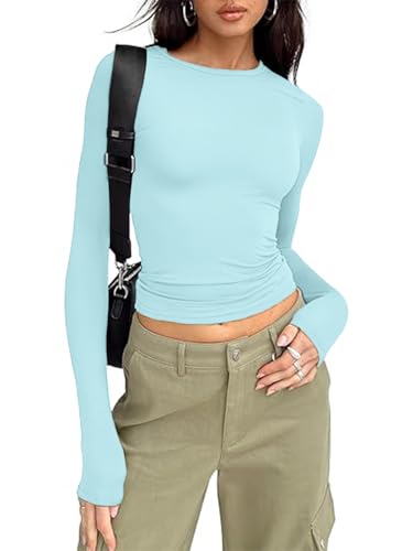 OOHOKAY Damen Langarmshirt Basic Oberteile Y2K Slim Fit Tshirt Elegant Stretch Unterziehshirt Pullover Langärm Crop Tops Streetwear(Skyblau-L1,XL) von OOHOKAY