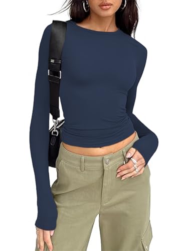 OOHOKAY Damen Langarmshirt Basic Oberteile Y2K Slim Fit Tshirt Elegant Stretch Unterziehshirt Pullover Langärm Crop Tops Streetwear(TibetischBlau-L1,XL) von OOHOKAY