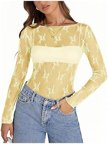 OOHOKAY Damen Netzoberteil Mesh Sheer Basic Shirt Sexy Bluse Transparent Oberteile Durchsichtiges Langarm Lace Top(Gelb-s1,M) von OOHOKAY