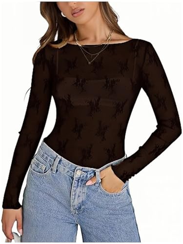 OOHOKAY Damen Netzoberteil Mesh Sheer Basic Shirt Sexy Bluse Transparent Oberteile Durchsichtiges Langarm Lace Top(Schwarz-s1,L) von OOHOKAY