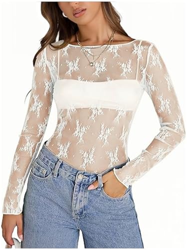OOHOKAY Damen Netzoberteil Mesh Sheer Basic Shirt Sexy Bluse Transparent Oberteile Durchsichtiges Langarm Lace Top(Weiß-s1,M) von OOHOKAY
