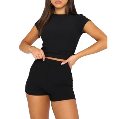OOHOKAY Damen Zweiteiler Basic T-Shirt und Shorts Set Klassischer Kurzarm Slim Fit Top Y2K Crop Tops Sport Sommer Casual Kurz Pyjama Hausanzug Streetwearsuit(Schwarz T1,XL) von OOHOKAY