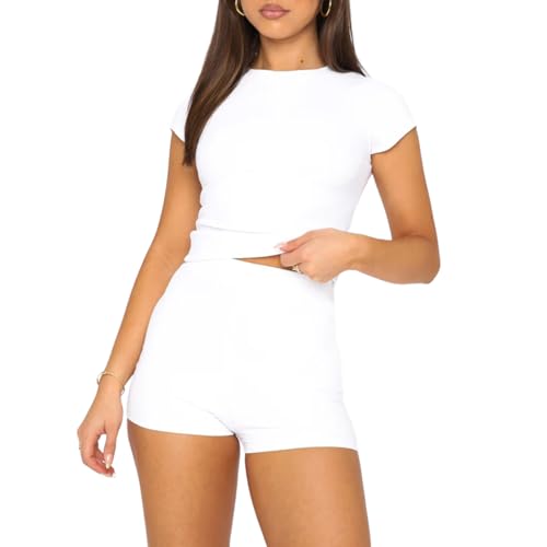 OOHOKAY Damen Zweiteiler Basic T-Shirt und Shorts Set Klassischer Kurzarm Slim Fit Top Y2K Crop Tops Sport Sommer Casual Kurz Pyjama Hausanzug Streetwearsuit(Weiß T1,M) von OOHOKAY