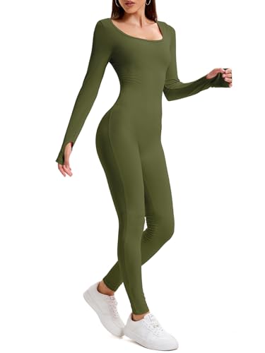 OOHOKAY Jumpsuit Damen Lang Eng Yoga Bodysuit Hohe Taille Overall Stretch Shape Langarm Sport Jumpsuit Leggings Hosen Set Scrunch Butt Sportkleidung Frauen Playsuits Einteiler(Armeegrün-C,S) von OOHOKAY