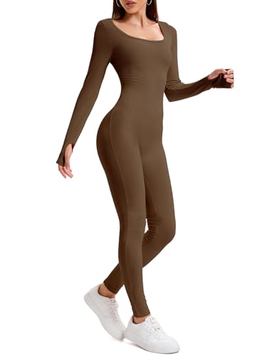 OOHOKAY Jumpsuit Damen Lang Eng Yoga Bodysuit Hohe Taille Overall Stretch Shape Langarm Sport Jumpsuit Leggings Hosen Set Scrunch Butt Sportkleidung Frauen Playsuits Einteiler(Braun-C,L) von OOHOKAY