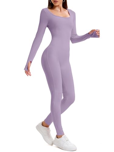 OOHOKAY Jumpsuit Damen Lang Eng Yoga Bodysuit Hohe Taille Overall Stretch Shape Langarm Sport Jumpsuit Leggings Hosen Set Scrunch Butt Sportkleidung Frauen Playsuits Einteiler(Hell Lila-C,S) von OOHOKAY