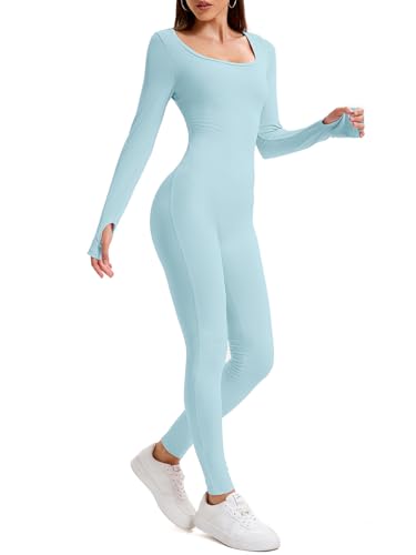 OOHOKAY Jumpsuit Damen Lang Eng Yoga Bodysuit Hohe Taille Overall Stretch Shape Langarm Sport Jumpsuit Leggings Hosen Set Scrunch Butt Sportkleidung Frauen Playsuits Einteiler(Himmelblau-C,L) von OOHOKAY