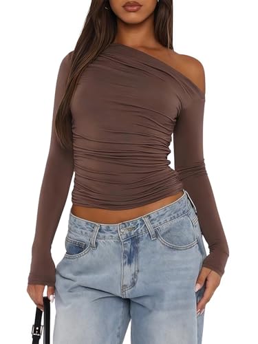 OOHOKAY Langarmshirt Damen Schulterfreies Oberteil Klassischer Basic Tshirt Crop Tops Y2K Slim Fit Oberteile Casual Shoulder Streetwear(Braun-j,L) von OOHOKAY