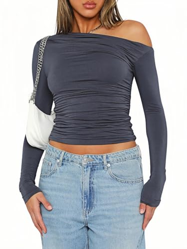 OOHOKAY Langarmshirt Damen Schulterfreies Oberteil Klassischer Basic Tshirt Crop Tops Y2K Slim Fit Oberteile Casual Shoulder Streetwear(Grau-j,XL) von OOHOKAY