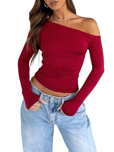 OOHOKAY Langarmshirt Damen Schulterfreies Oberteil Klassischer Basic Tshirt Crop Tops Y2K Slim Fit Oberteile Casual Shoulder Streetwear(Rot-j,XL) von OOHOKAY