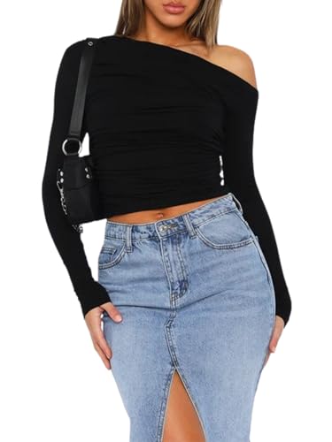 OOHOKAY Langarmshirt Damen Schulterfreies Oberteil Klassischer Basic Tshirt Crop Tops Y2K Slim Fit Oberteile Casual Shoulder Streetwear(Schwarz-j,XL) von OOHOKAY
