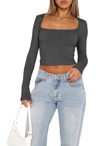 OOHOKAY Langarmshirt Damen U-Ausschnitt Basic Oberteile Y2K Slim Fit Tshirt Crop Tops Lässige Streetwear(Dunkelgrau-U1,XS) von OOHOKAY