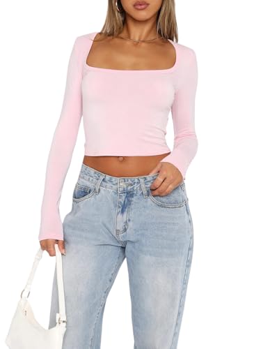 OOHOKAY Langarmshirt Damen U-Ausschnitt Basic Oberteile Y2K Slim Fit Tshirt Crop Tops Lässige Streetwear(Hellrosa-U1,S) von OOHOKAY