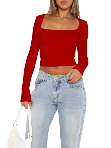 OOHOKAY Langarmshirt Damen U-Ausschnitt Basic Oberteile Y2K Slim Fit Tshirt Crop Tops Lässige Streetwear(Rot-U1,S) von OOHOKAY