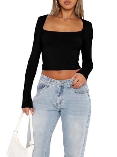 OOHOKAY Langarmshirt Damen U-Ausschnitt Basic Oberteile Y2K Slim Fit Tshirt Crop Tops Lässige Streetwear(Schwarz-U1,M) von OOHOKAY