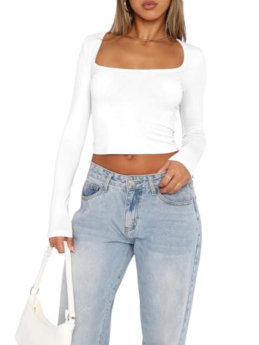 OOHOKAY Langarmshirt Damen U-Ausschnitt Basic Oberteile Y2K Slim Fit Tshirt Crop Tops Lässige Streetwear(Weiß-U1,L) von OOHOKAY