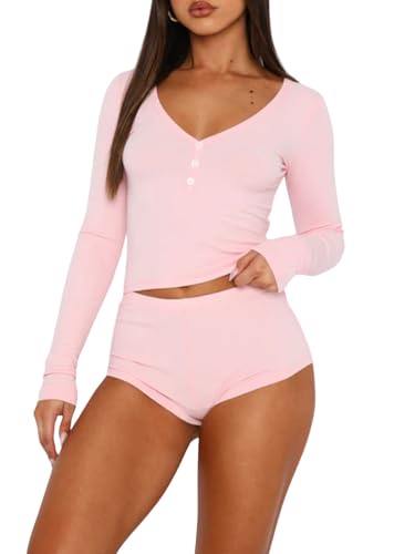 OOHOKAY Langarmshirt Damen V-Ausschnitt Basic Oberteile Y2K Slim Fit Tshirt Crop Tops Lässige Streetwear(Hellrosa-V1,S) von OOHOKAY