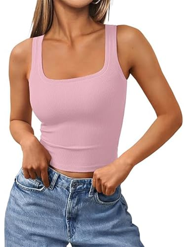 OOHOKAY Tanktops Damen Crop Tops Sommer Slim Fit Oberteile Quadratischer Ausschnitt Spaghetti Ärmellos Einfarbig Basic Shirt Y2k Casual Camisole Trägertop(Pink-D1,XXL) von OOHOKAY