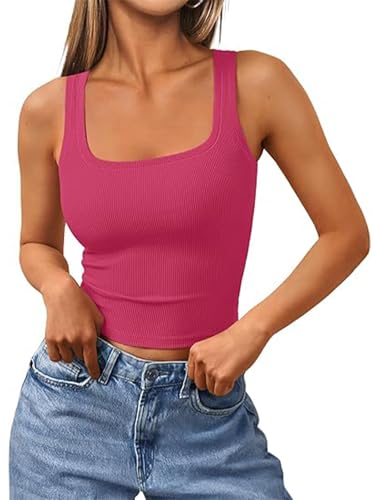 OOHOKAY Tanktops Damen Crop Tops Sommer Slim Fit Oberteile Quadratischer Ausschnitt Spaghetti Ärmellos Einfarbig Basic Shirt Y2k Casual Camisole Trägertop(Rose Rot-D1,XL) von OOHOKAY