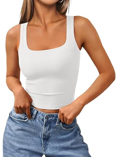 OOHOKAY Tanktops Damen Crop Tops Sommer Slim Fit Oberteile Quadratischer Ausschnitt Spaghetti Ärmellos Einfarbig Basic Shirt Y2k Casual Camisole Trägertop(Weiß-D1,XL) von OOHOKAY