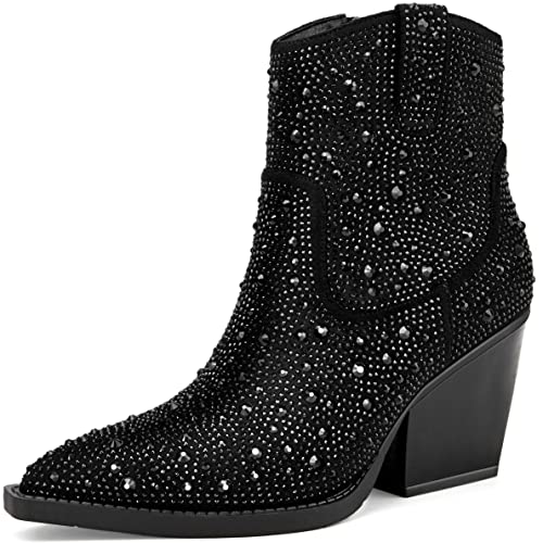 OOHRHN Damen Farbe Strass Stiefel Glitzer Sparkly Cowboy Booties Chunky Blockabsatz Perle Detail Spitze Zehen Braut Hochzeit Western Stiefeletten Cowgirl Kurze Stiefel, Schwarzer Stein, 37 EU von OOHRHN