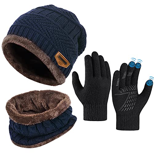 Kinder Wintermütze Schal Touchscreen Handschuhe Set - Beanie Strickmütze Winterschal Thermo Handschuhe | Fleecefutter Warme Knit Hut Loop Schal Rutschfeste Handschuhe | für Junge Mädch 5-10 Jahre von OOPOR
