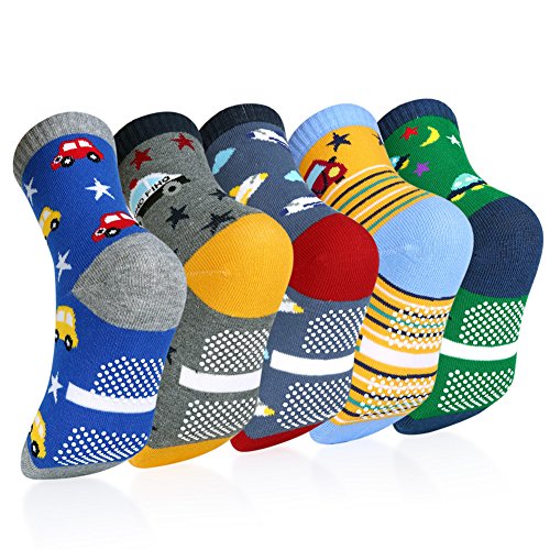 OOPOR Kinder ABS Rutschfeste Knöchel Socken - Jungen Socken Strümpfe Baumwolle Kleinkind Karikatur Socken Lässige Sport Laufen Socken mit Anti-Rutsch-Socke für 0-12 Jahre Schulen Junge Mädche 5 Paare von OOPOR