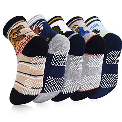 OOPOR Kinder ABS Rutschfeste Knöchel Socken - Jungen Socken Strümpfe Baumwolle Kleinkind Karikatur Socken Lässige Sport Laufen Socken mit Anti-Rutsch-Socke für 0-12 Jahre Schulen Junge Mädche 5 Paare von OOPOR