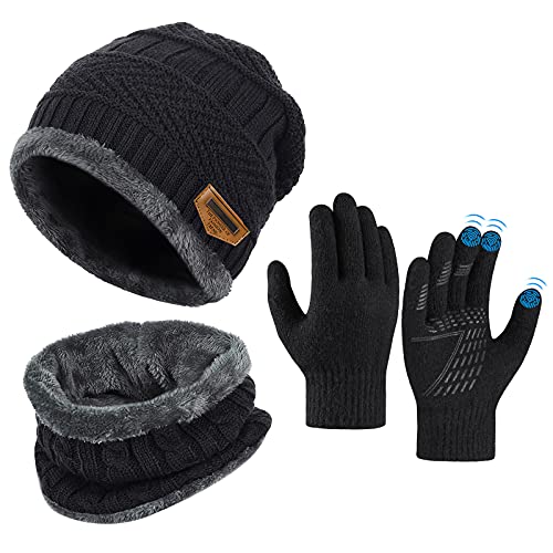 OOPOR Kinder Wintermütze Schal Touchscreen Handschuhe Set - Beanie Strickmütze Winterschal Thermo Fleecefutter Warme Knit Hut Loop Rutschfeste für Junge Mädch 5-10 Jahre von OOPOR